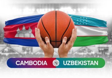 Kamboçya Özbekistan milli basketbol takımlarına karşı basketbol topu yarışma kupası konsepti