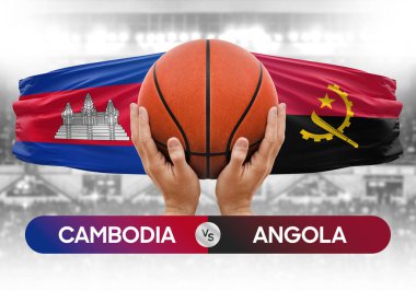 Kamboçya Angola 'ya karşı milli basketbol takımları basketbol topu yarışma kupası konsepti imajı