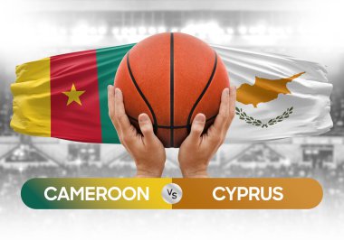 Kamerun Kıbrıs Rum Kesimi milli basketbol takımlarına karşı basketbol topu yarışma kupası konsepti imajı