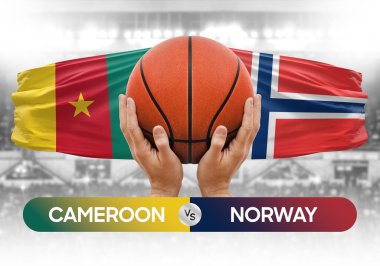 Kamerun Norveç milli basketbol takımlarına karşı basketbol topu yarışma kupası konsepti