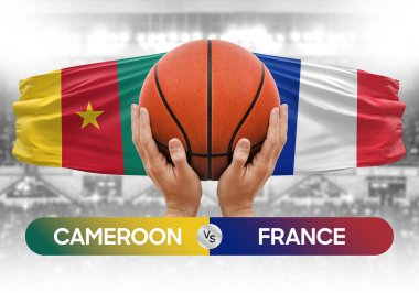 Kamerun Fransa milli basketbol takımlarına karşı basketbol topu yarışma kupası konsepti