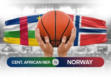 Orta Afrika Cumhuriyeti Norveç milli basketbol takımlarına karşı basketbol topu yarışma kupası konsepti