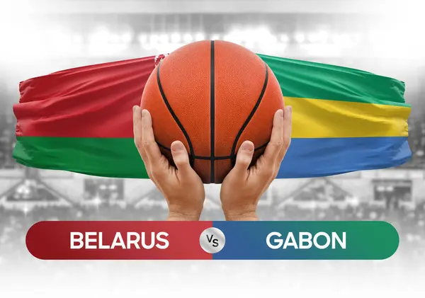 Belarus Gabon milli basketbol takımlarına karşı basketbol topu yarışma kupası konsepti imajı