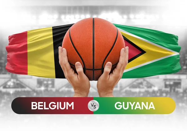 Belçika Guyana 'ya karşı milli basketbol takımları basketbol topu yarışma kupası konsepti imajı