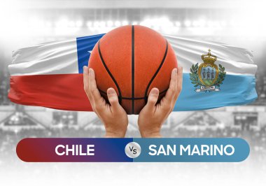 Şili, San Marino milli basketbol takımlarına karşı basketbol topu yarışma kupası konsepti imajı