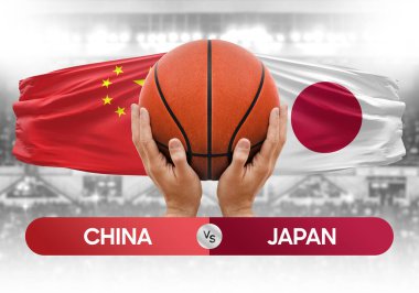 Çin, Japonya milli basketbol takımlarına karşı basketbol topu yarışma kupası konsepti