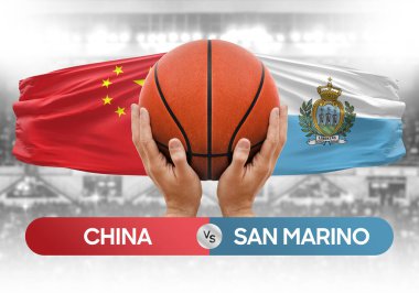 Çin, San Marino milli basketbol takımlarına karşı basketbol topu yarışma kupası konsepti imajı