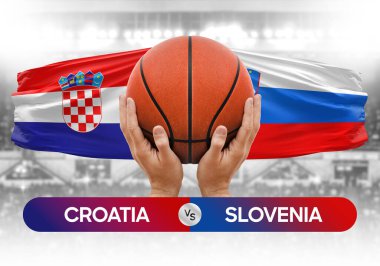 Hırvatistan Slovenya milli basketbol takımlarına karşı basketbol topu yarışma kupası konsepti imajı