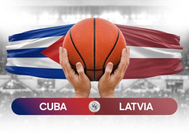 Küba Letonya milli basketbol takımlarına karşı basketbol topu yarışma kupası konsepti