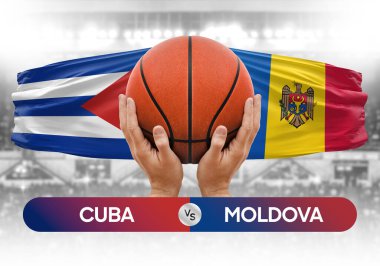 Küba, Moldova milli basketbol takımlarına karşı basketbol topu yarışma kupası konsepti imajı