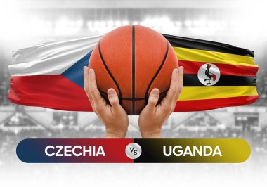 Çek-Uganda milli basketbol takımlarına karşı basketbol topu yarışma kupası konsepti