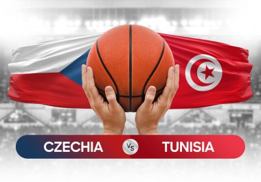 Çek-Tunus milli basketbol takımlarına karşı basketbol topu yarışma kupası konsepti