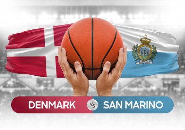 Danimarka, San Marino milli basketbol takımlarına karşı basketbol topu yarışma kupası konsepti imajı