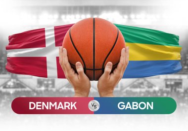 Danimarka Gabon milli basketbol takımlarına karşı basketbol topu yarışma kupası konsepti imajı