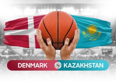 Danimarka Kazakistan milli basketbol takımlarına karşı basketbol topu yarışma kupası konsepti
