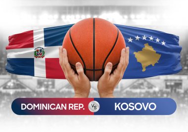 Dominik Cumhuriyeti Kosova milli basketbol takımlarına karşı basketbol topu yarışma kupası konsepti imajı