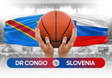 Dr Kongo Slovenya milli basketbol takımlarına karşı basketbol topu yarışma kupası konsepti