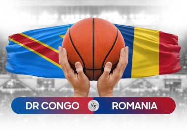 Dr Kongo Romanya milli basketbol takımlarına karşı basketbol topu yarışma kupası konsepti