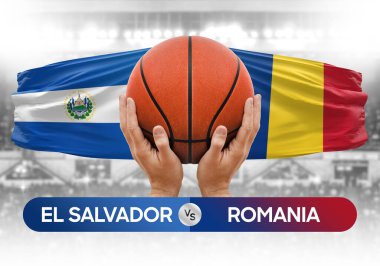 El Salvador Romanya milli basketbol takımlarına karşı basketbol topu yarışma kupası konsepti imajı