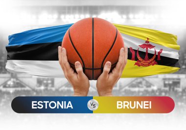 Estonya Brunei milli basketbol takımlarına karşı basketbol topu yarışma kupası konsepti imajı
