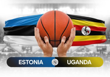 Estonya Uganda milli basketbol takımlarına karşı basketbol topu yarışma kupası konsepti imajı