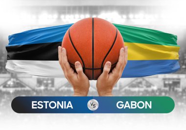 Estonya Gabon milli basketbol takımlarına karşı basketbol topu yarışma kupası konsepti imajı