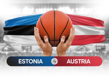 Estonya Avusturya milli basketbol takımlarına karşı basketbol topu yarışma kupası konsepti