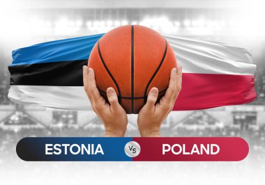 Estonya, Polonya milli basketbol takımlarına karşı basketbol topu yarışma kupası konsepti imajı