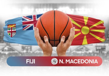 Fiji, Kuzey Makedonya milli basketbol takımlarına karşı basketbol topu yarışma kupası konsepti