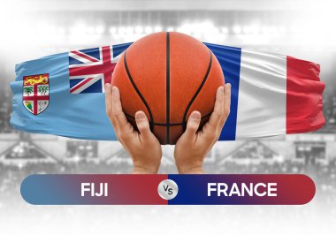 Fiji Fransa milli basketbol takımlarına karşı basketbol topu yarışma kupası konsepti