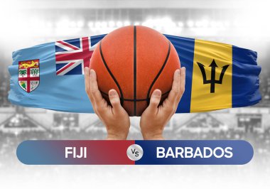 Fiji Barbados milli basketbol takımlarına karşı basketbol topu yarışma kupası konsepti