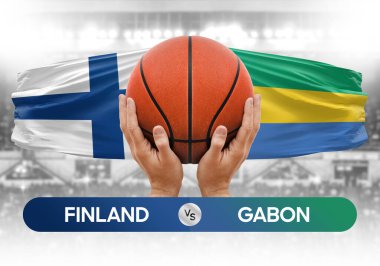 Finlandiya Gabon milli basketbol takımlarına karşı basketbol topu yarışma kupası konsepti