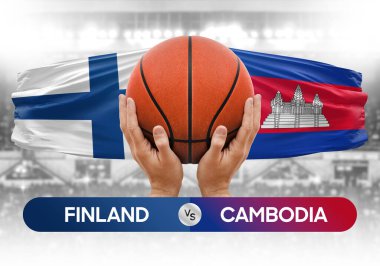 Finlandiya Kamboçya milli basketbol takımlarına karşı basketbol topu yarışma kupası konsepti