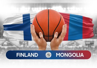 Finlandiya Moğolistan milli basketbol takımlarına karşı basketbol topu yarışma kupası konsepti