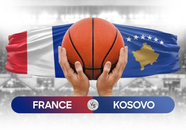 Fransa, Kosova milli basketbol takımlarına karşı basketbol topu yarışma kupası konsepti