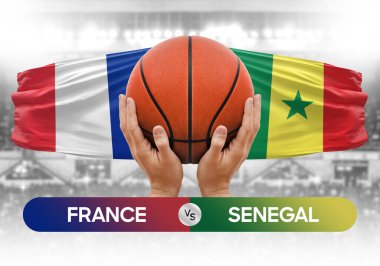 Fransa, Senegal milli basketbol takımlarına karşı basketbol topu yarışma kupası konsepti imajı