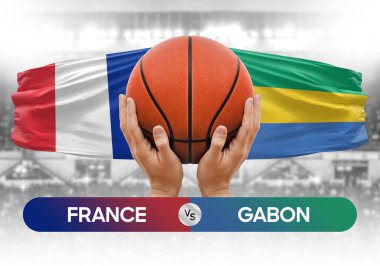 Fransa Gabon milli basketbol takımlarına karşı basketbol topu yarışma kupası konsepti