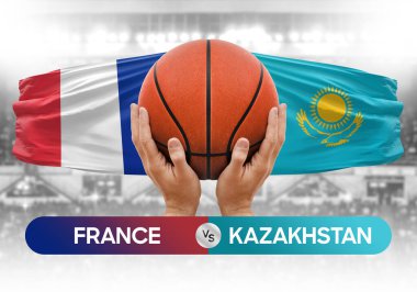 Fransa Kazakistan milli basketbol takımlarına karşı basketbol topu yarışma kupası konsepti