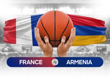 Fransa Ermenistan milli basketbol takımlarına karşı basketbol topu yarışma kupası konsepti