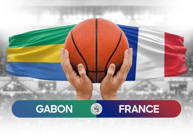 Gabon Fransa milli basketbol takımlarına karşı basketbol topu yarışma kupası konsepti