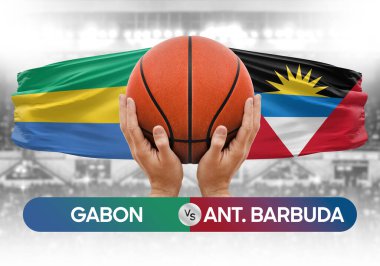 Gabon, Antigua ve Barbuda milli basketbol takımlarına karşı basketbol topu yarışma kupası konsepti