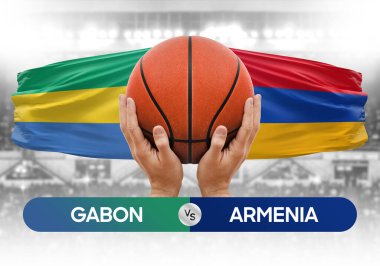 Gabon Ermenistan milli basketbol takımlarına karşı basketbol topu yarışma kupası konsepti