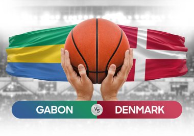 Gabon Danimarka milli basketbol takımlarına karşı basketbol topu yarışma kupası konsepti