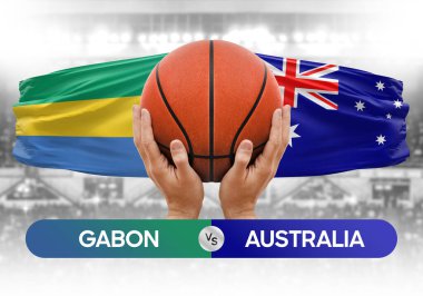 Gabon Avustralya milli basketbol takımlarına karşı basketbol topu yarışma kupası konsepti