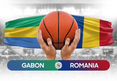 Gabon Romanya milli basketbol takımlarına karşı basketbol topu yarışma kupası konsepti imajı