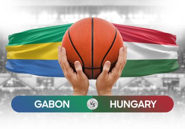 Gabon Macaristan milli basketbol takımlarına karşı basketbol topu yarışma kupası konsepti