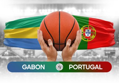 Gabon Portekiz milli basketbol takımlarına karşı basketbol topu yarışma kupası konsepti