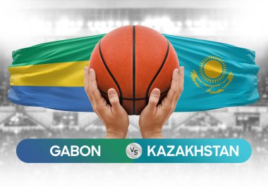 Gabon Kazakistan milli basketbol takımlarına karşı basketbol topu yarışma kupası konsepti