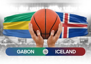 Gabon İzlanda milli basketbol takımlarına karşı basketbol topu yarışma kupası konsepti