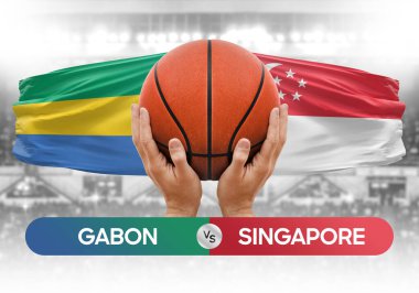 Gabon Singapur 'a karşı milli basketbol takımları basketbol topu yarışma kupası konsepti imajı